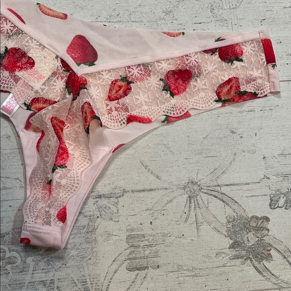 PINK Victoria's Secret Pink Strawberry Lace Thong Panties Large - Picture 8 of 8